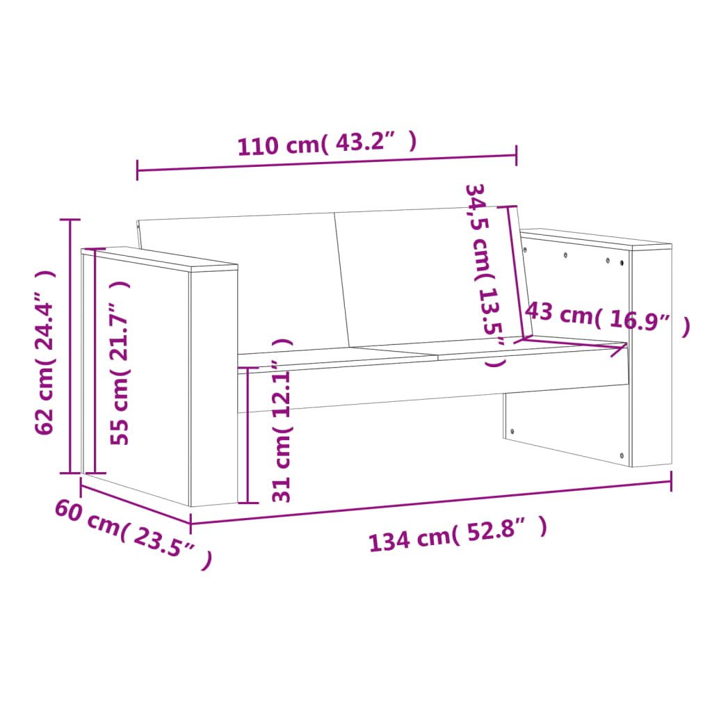 Tuinbank 2-Zits 134X60X62 Cm Massief Grenenhout