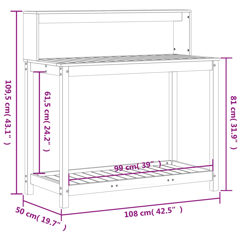 Oppottafel Met Schappen 108X50X109,5 Cm Massief Grenenhout