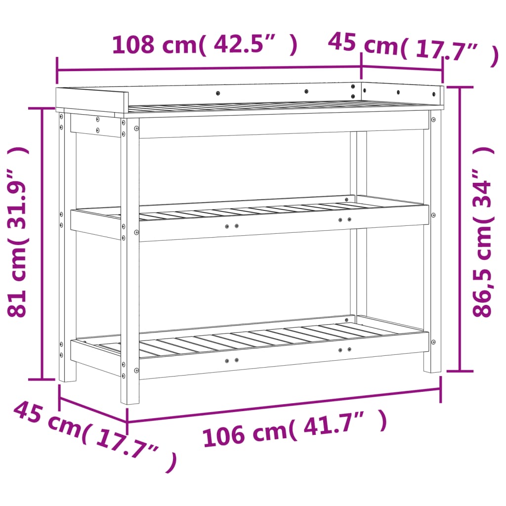 Oppottafel Met Schappen 108X45X86,5 Cm Grenenhout Bruin