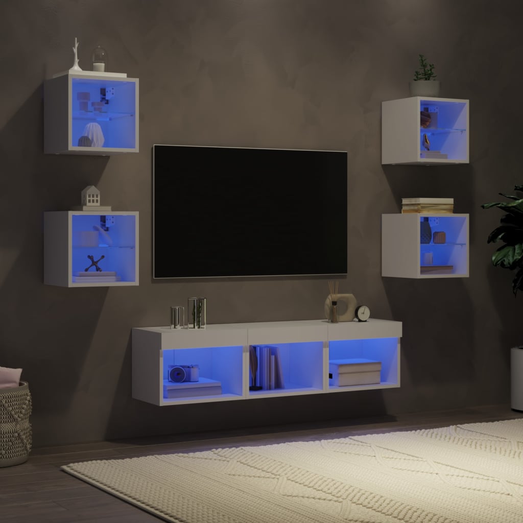 7-Delige Tv-Wandmeubelset Met Led Bewerkt Hout