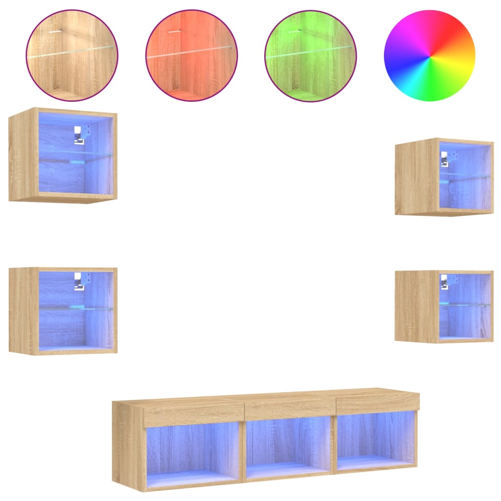 7-Delige Tv-Wandmeubelset Met Led Bewerkt Hout