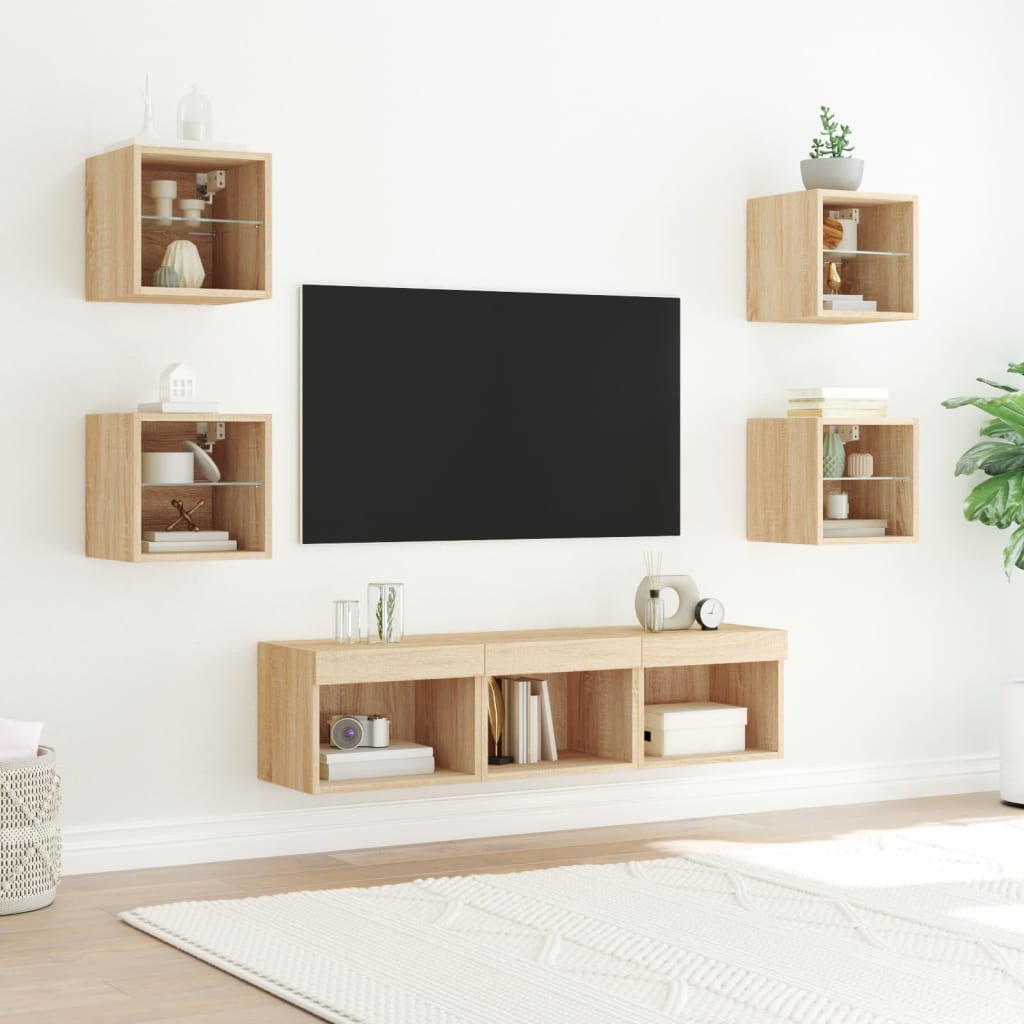 7-Delige Tv-Wandmeubelset Met Led Bewerkt Hout