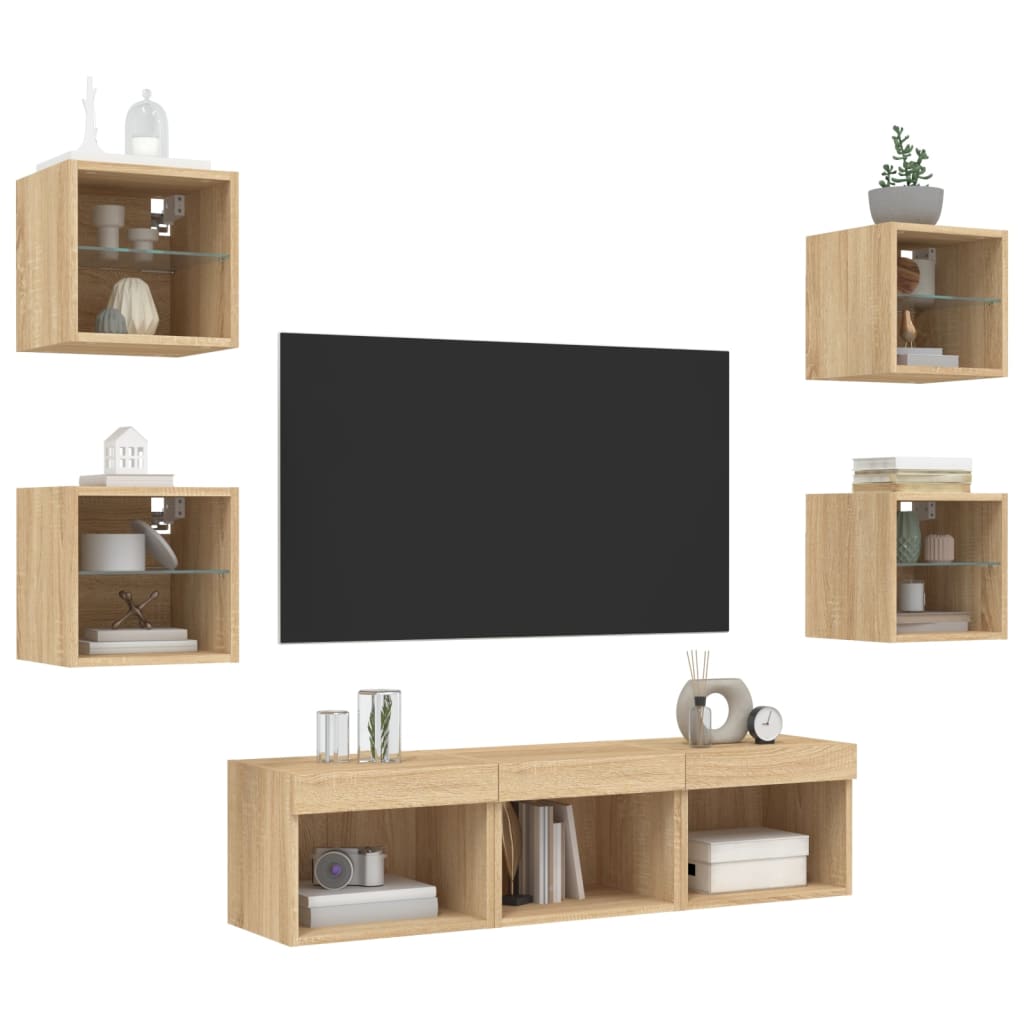 7-Delige Tv-Wandmeubelset Met Led Bewerkt Hout