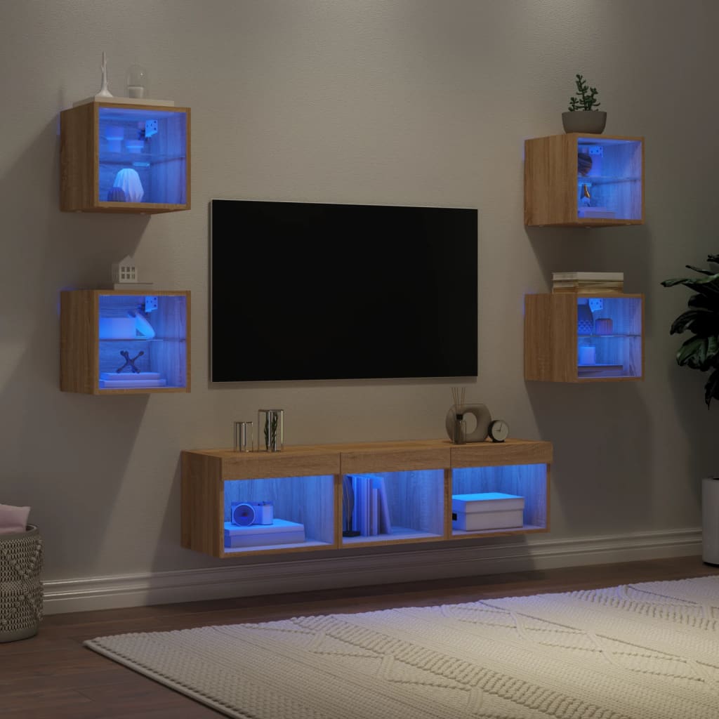 7-Delige Tv-Wandmeubelset Met Led Bewerkt Hout