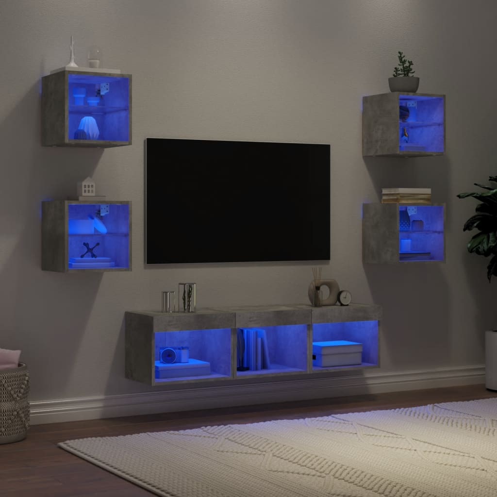 7-Delige Tv-Wandmeubelset Met Led Bewerkt Hout