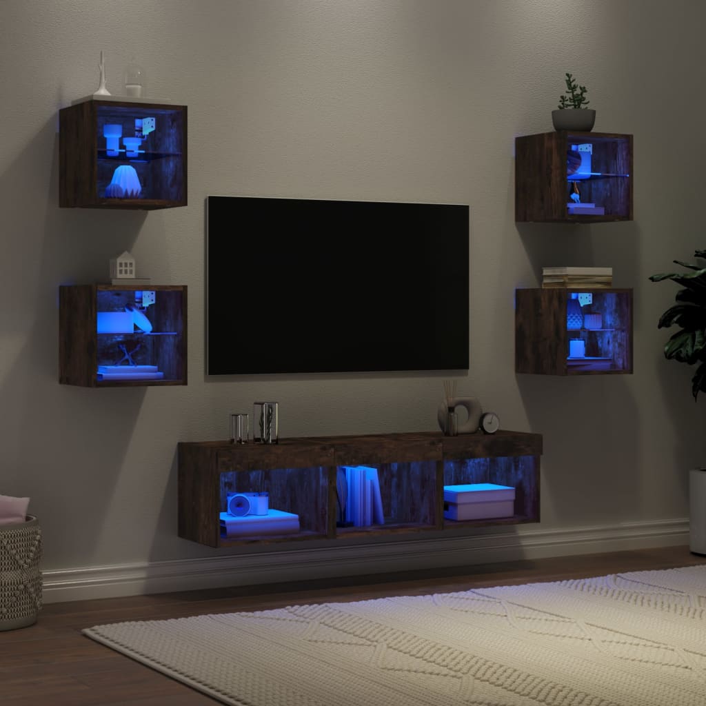 7-Delige Tv-Wandmeubelset Met Led Bewerkt Hout