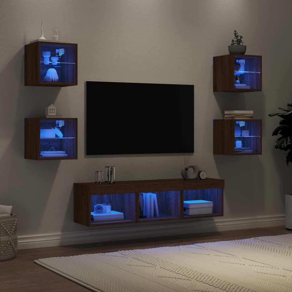 7-Delige Tv-Wandmeubelset Met Led Bewerkt Hout