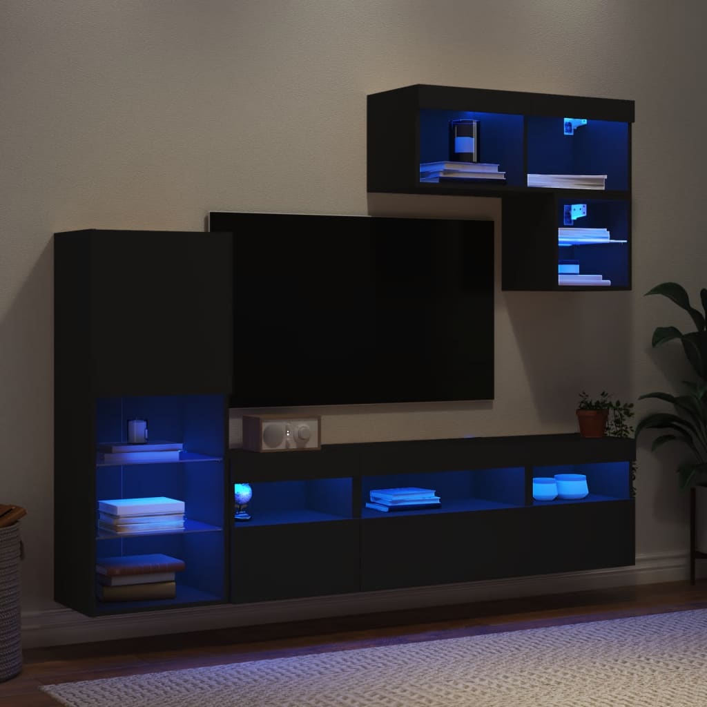 6-Delige Tv-Wandmeubelset Met Led Bewerkt Hout