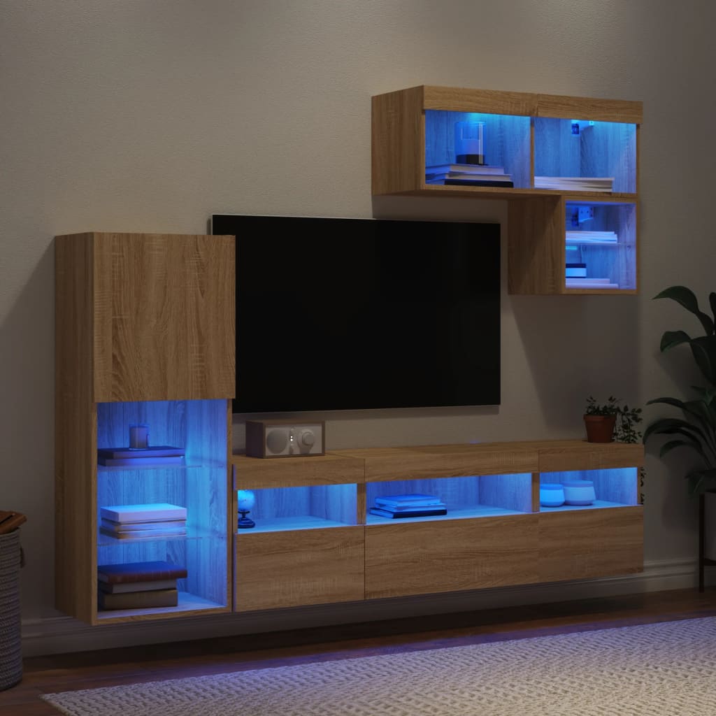 6-Delige Tv-Wandmeubelset Met Led Bewerkt Hout