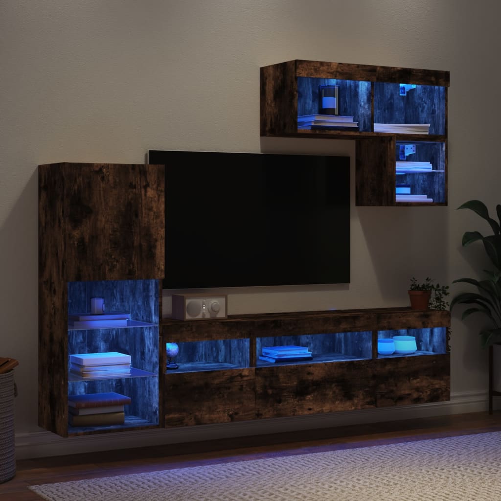 6-Delige Tv-Wandmeubelset Met Led Bewerkt Hout