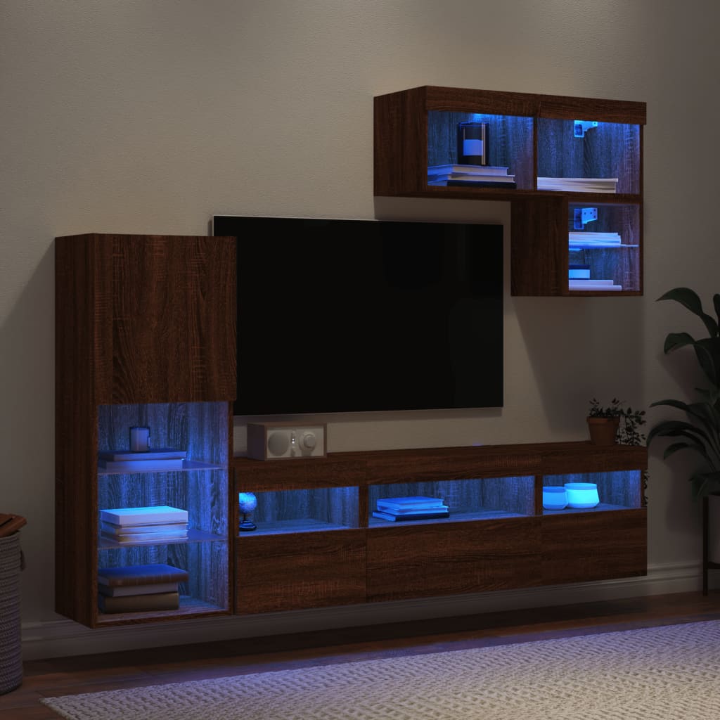 6-Delige Tv-Wandmeubelset Met Led Bewerkt Hout