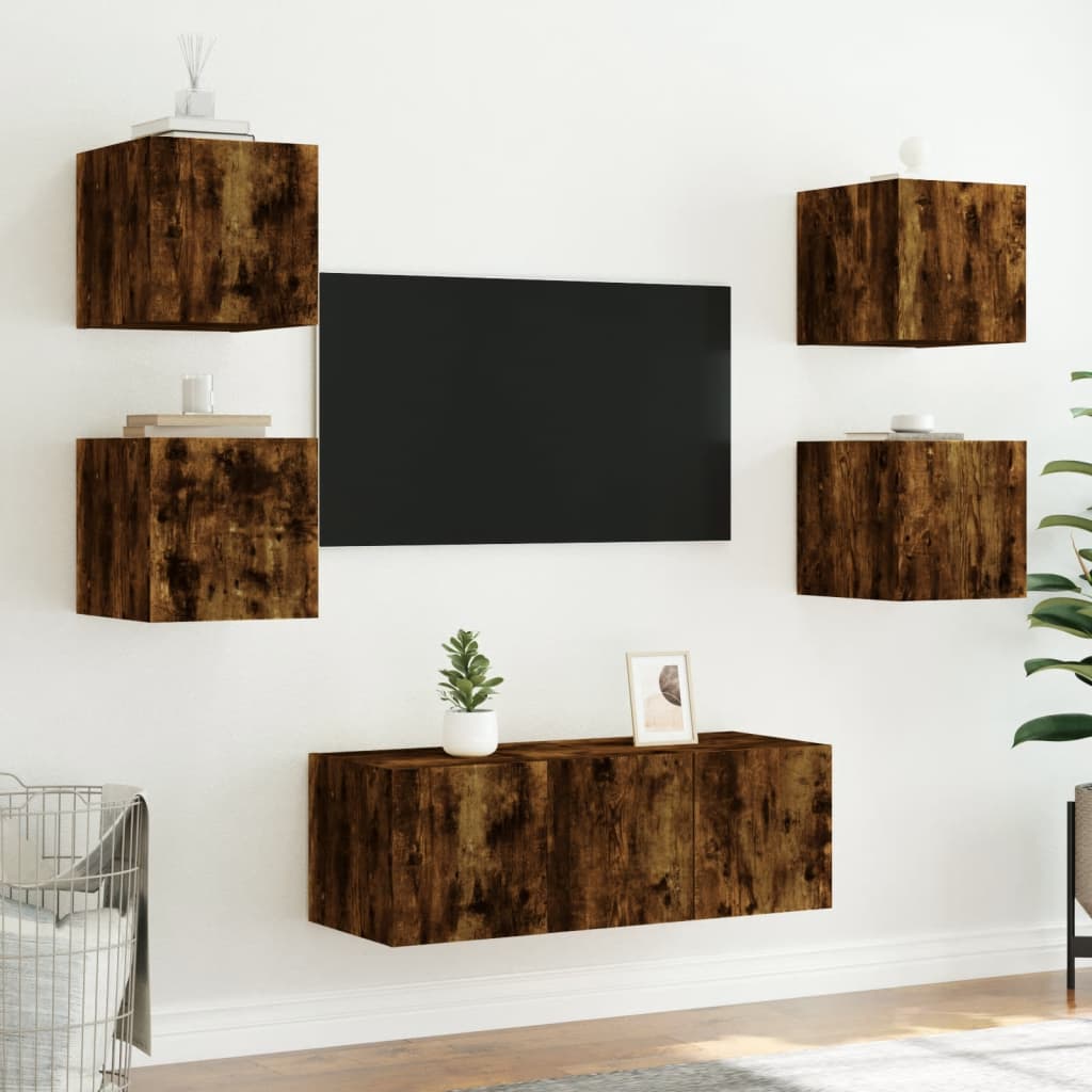 6-Delige Tv-Wandmeubelset Met Led Bewerkt Hout