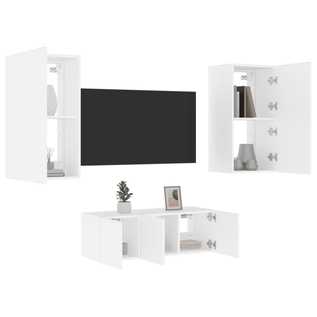 4-Delige Tv-Wandmeubelset Met Led Bewerkt Hout