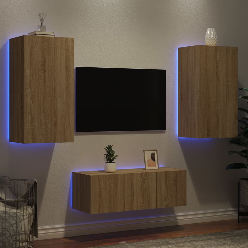 4-Delige Tv-Wandmeubelset Met Led Bewerkt Hout