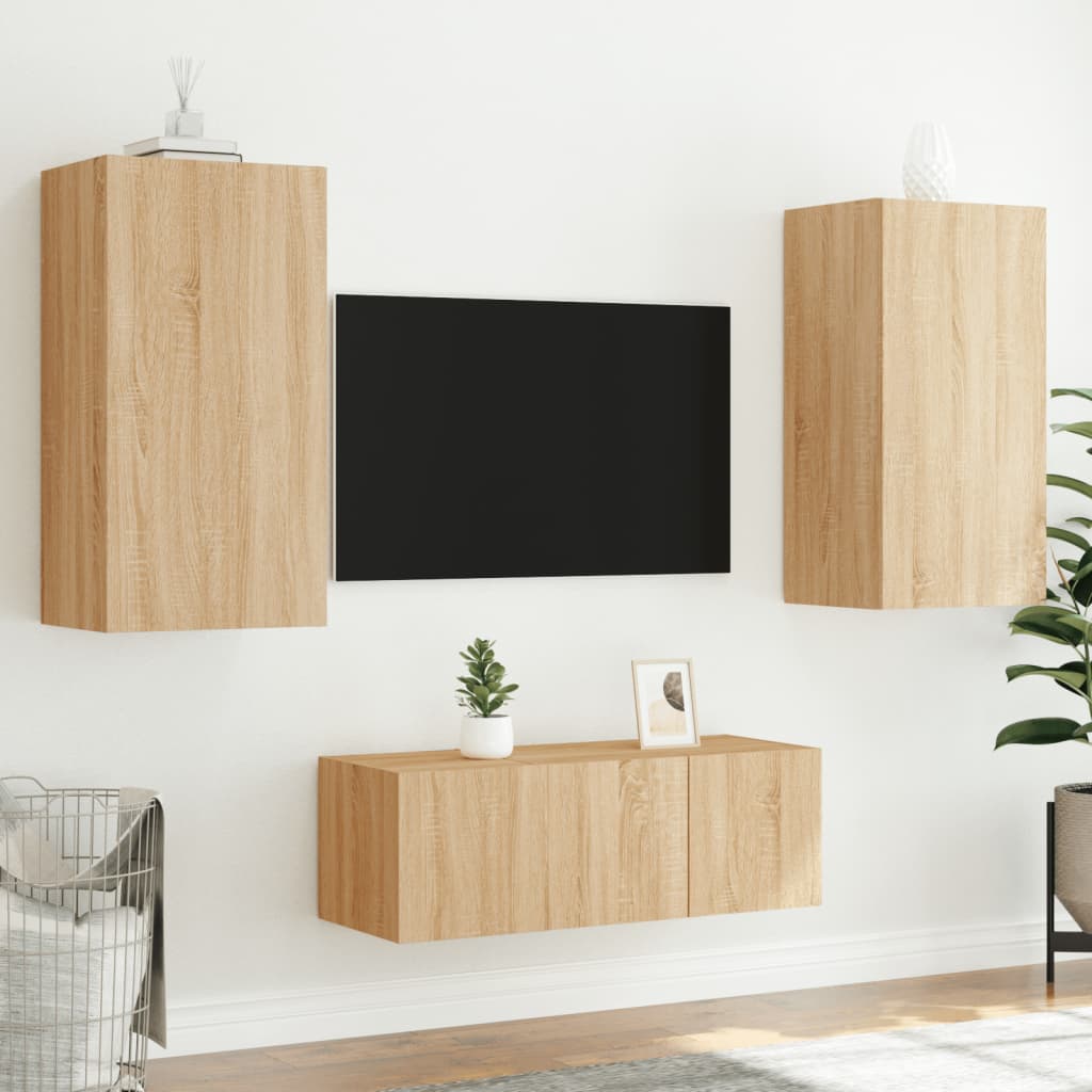 4-Delige Tv-Wandmeubelset Met Led Bewerkt Hout