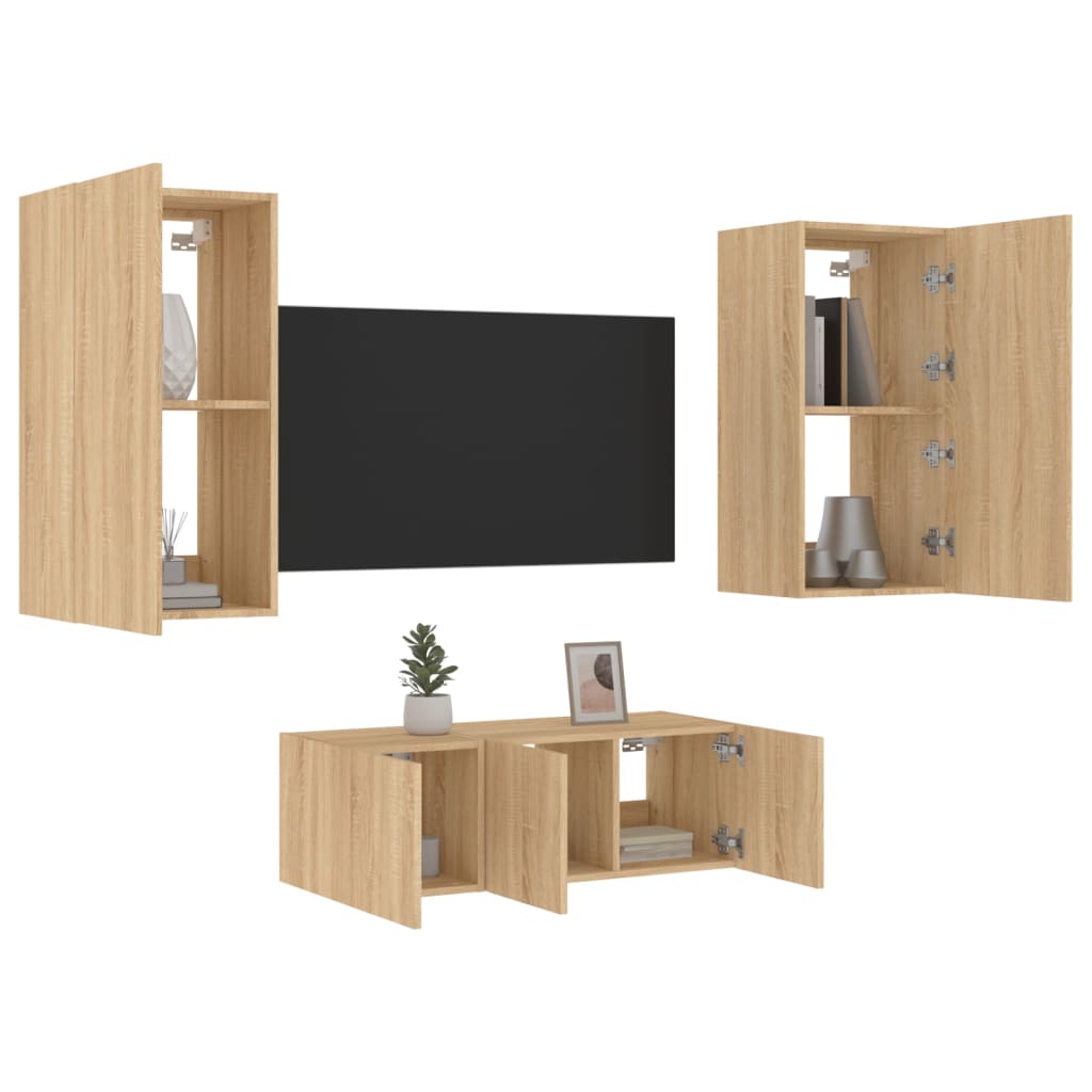 4-Delige Tv-Wandmeubelset Met Led Bewerkt Hout