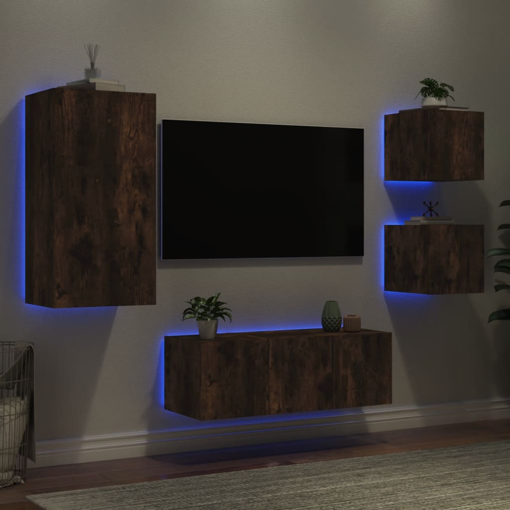 5-Delige Tv-Wandmeubelset Met Led Bewerkt Hout