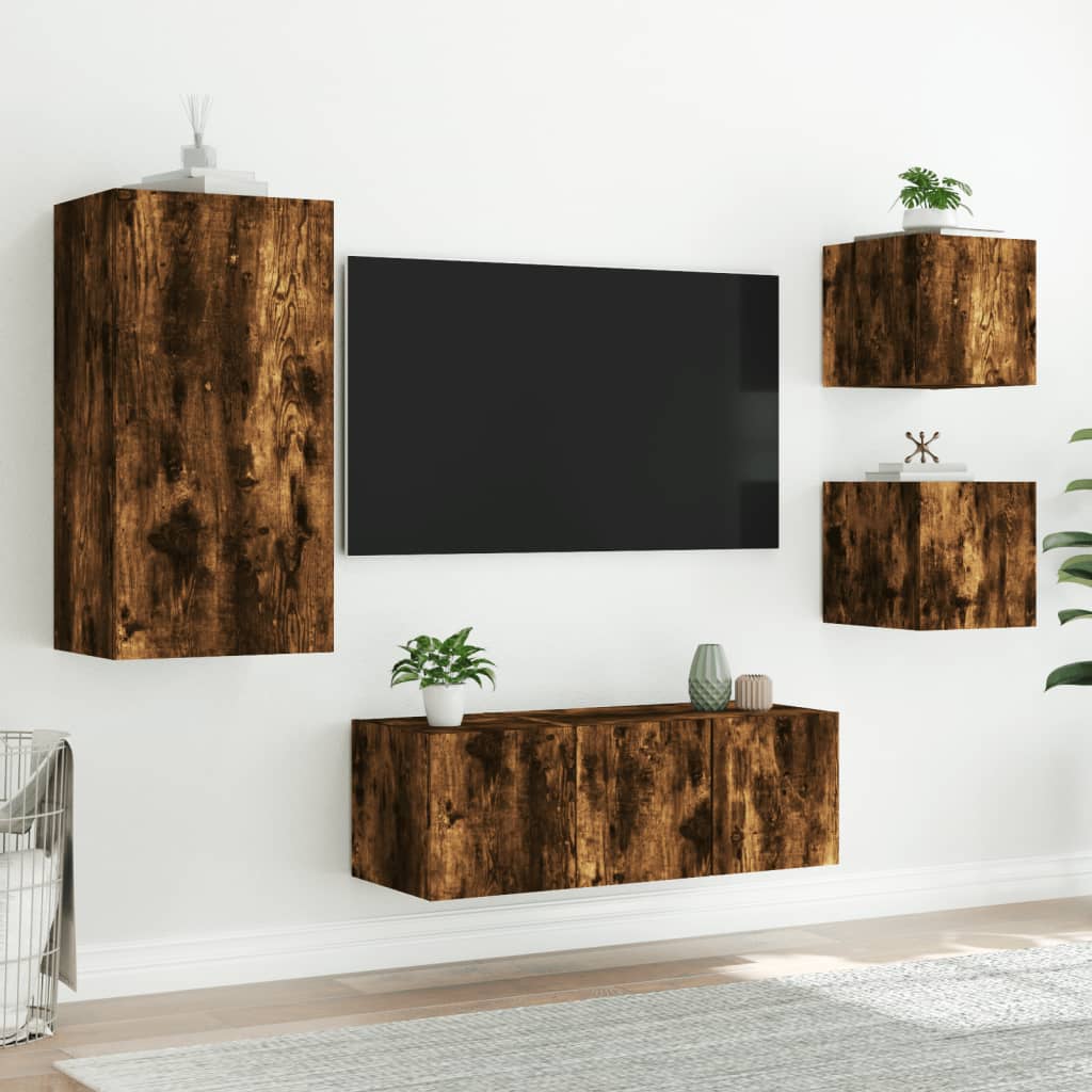 5-Delige Tv-Wandmeubelset Met Led Bewerkt Hout