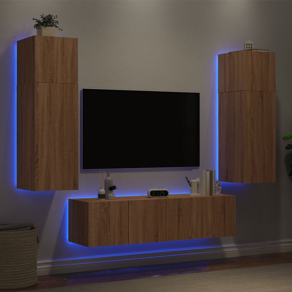 6-Delige Tv-Wandmeubelset Met Led Bewerkt Hout