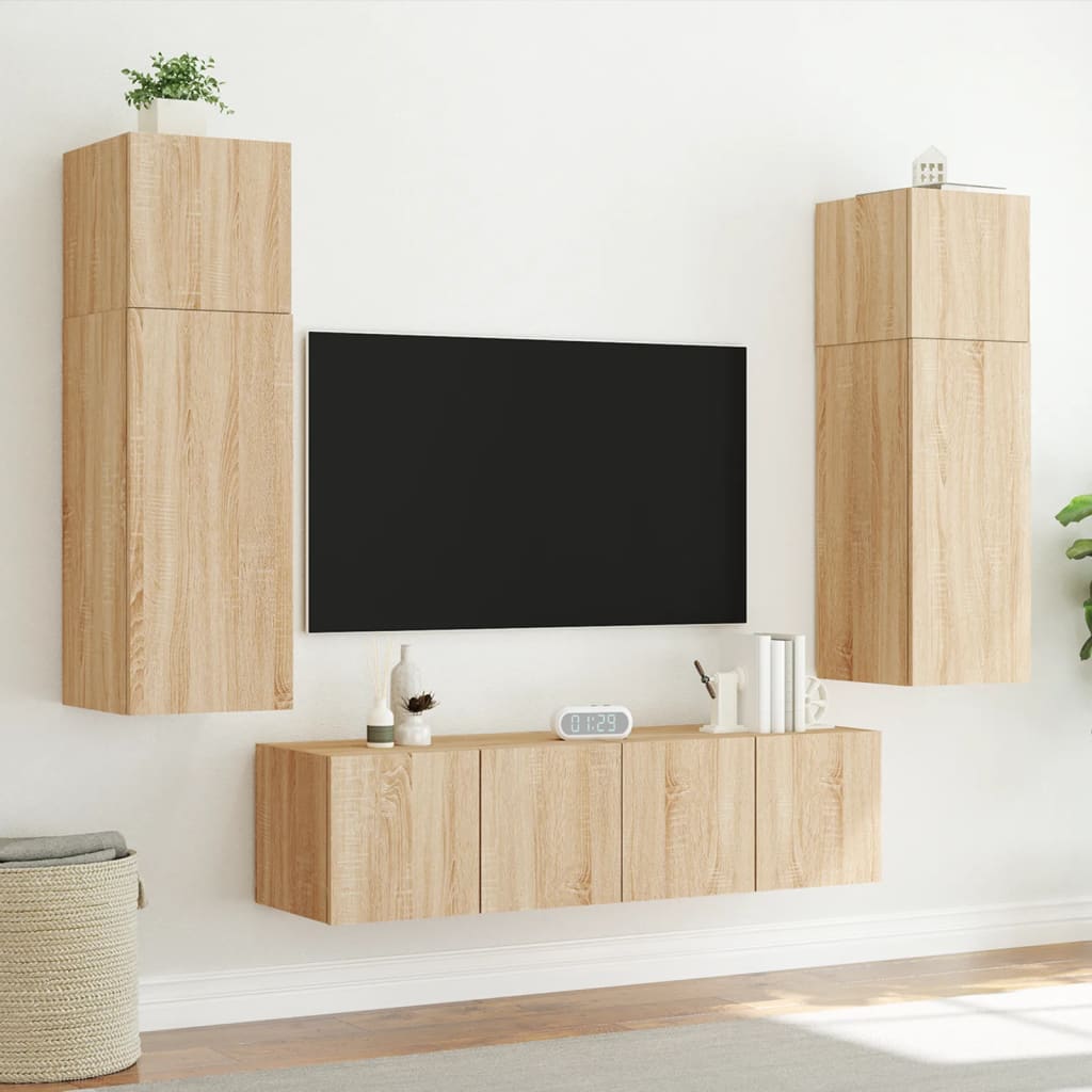 6-Delige Tv-Wandmeubelset Met Led Bewerkt Hout