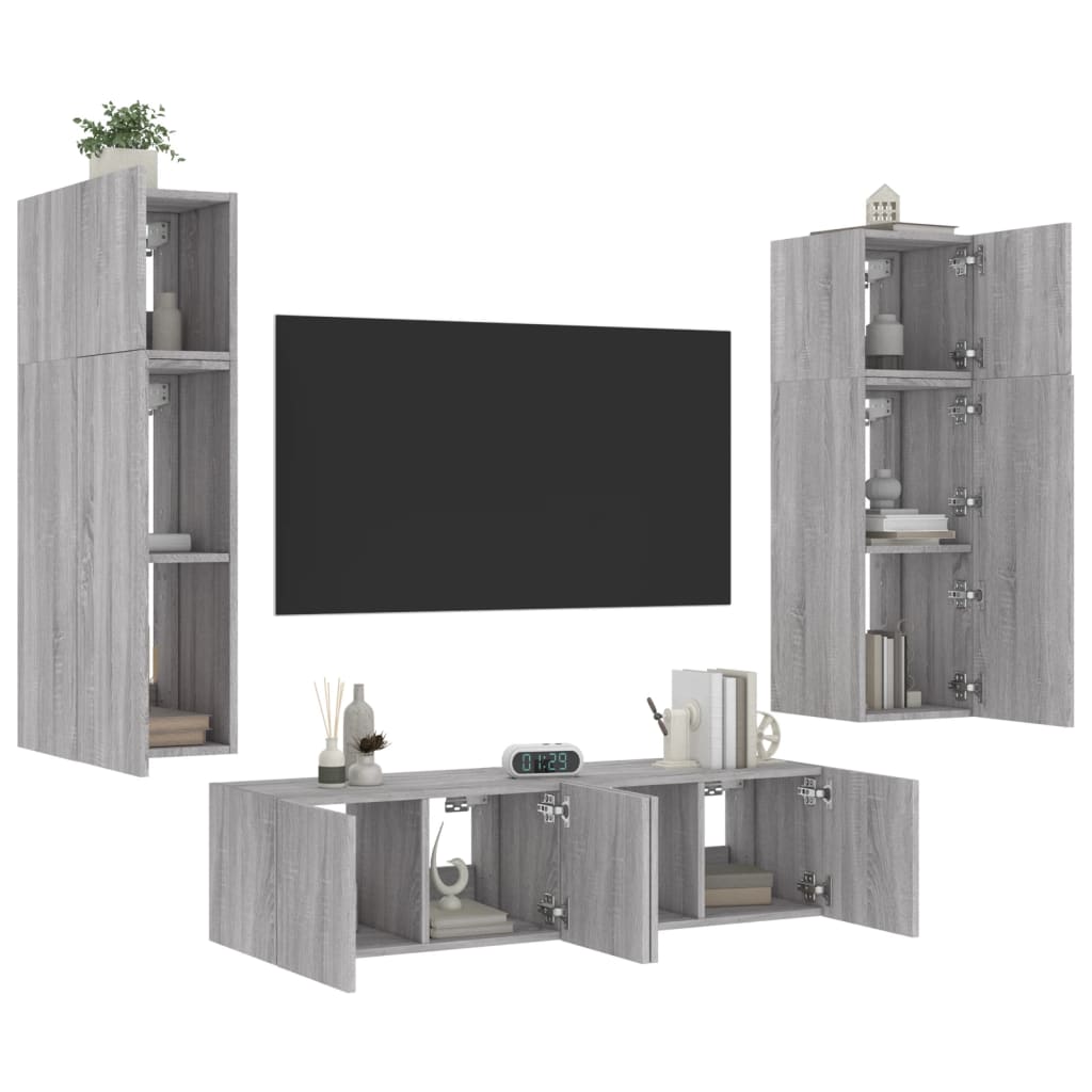 6-Delige Tv-Wandmeubelset Met Led Bewerkt Hout