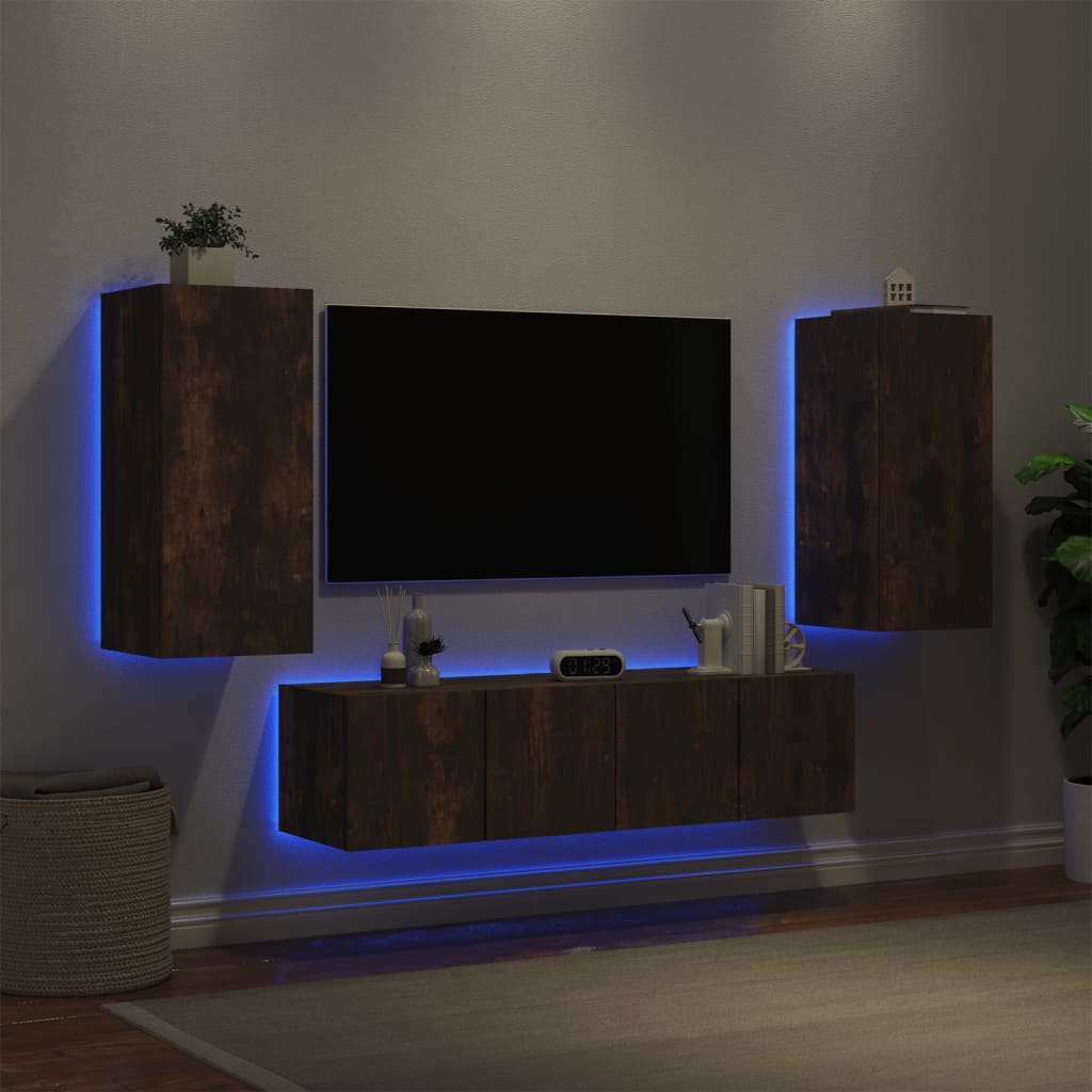 8-Delige Tv-Wandmeubelset Met Led Bewerkt Hout