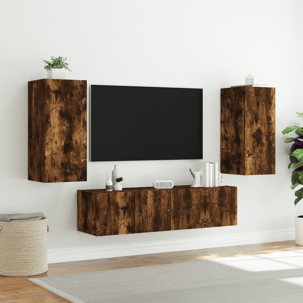 8-Delige Tv-Wandmeubelset Met Led Bewerkt Hout