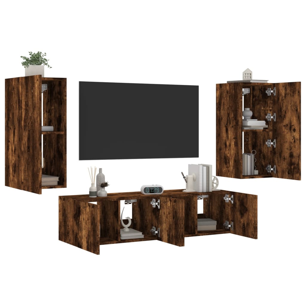 8-Delige Tv-Wandmeubelset Met Led Bewerkt Hout