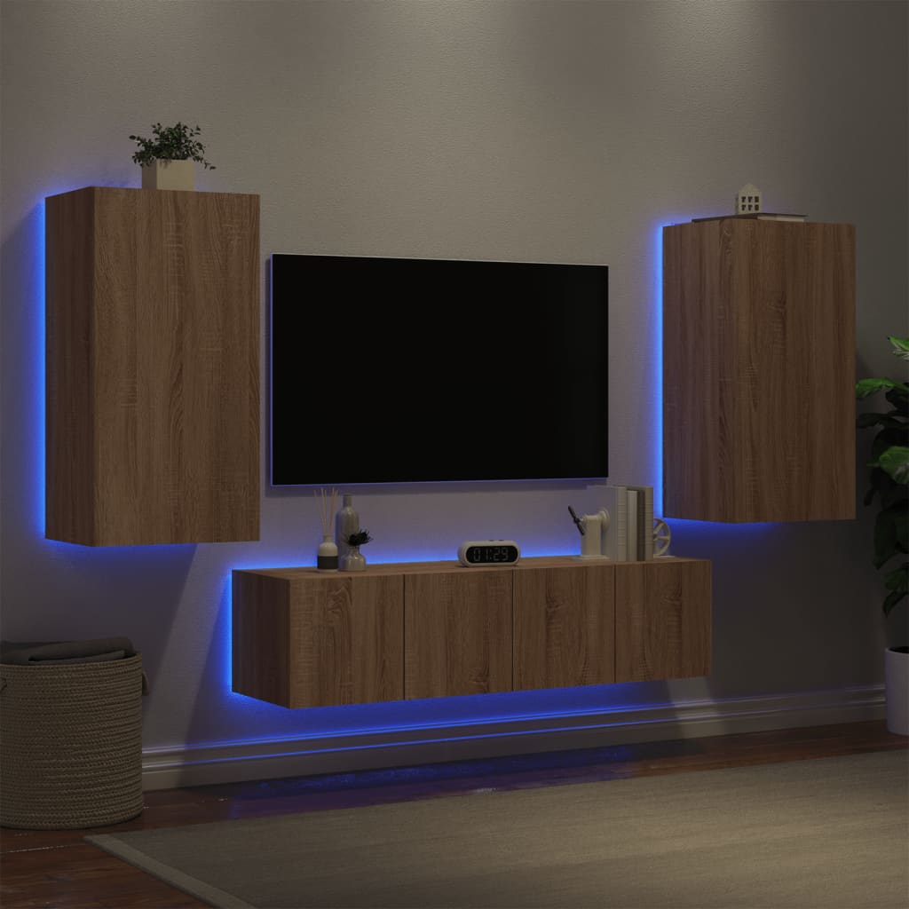 4-Delige Tv-Wandmeubelset Met Led Bewerkt Hout