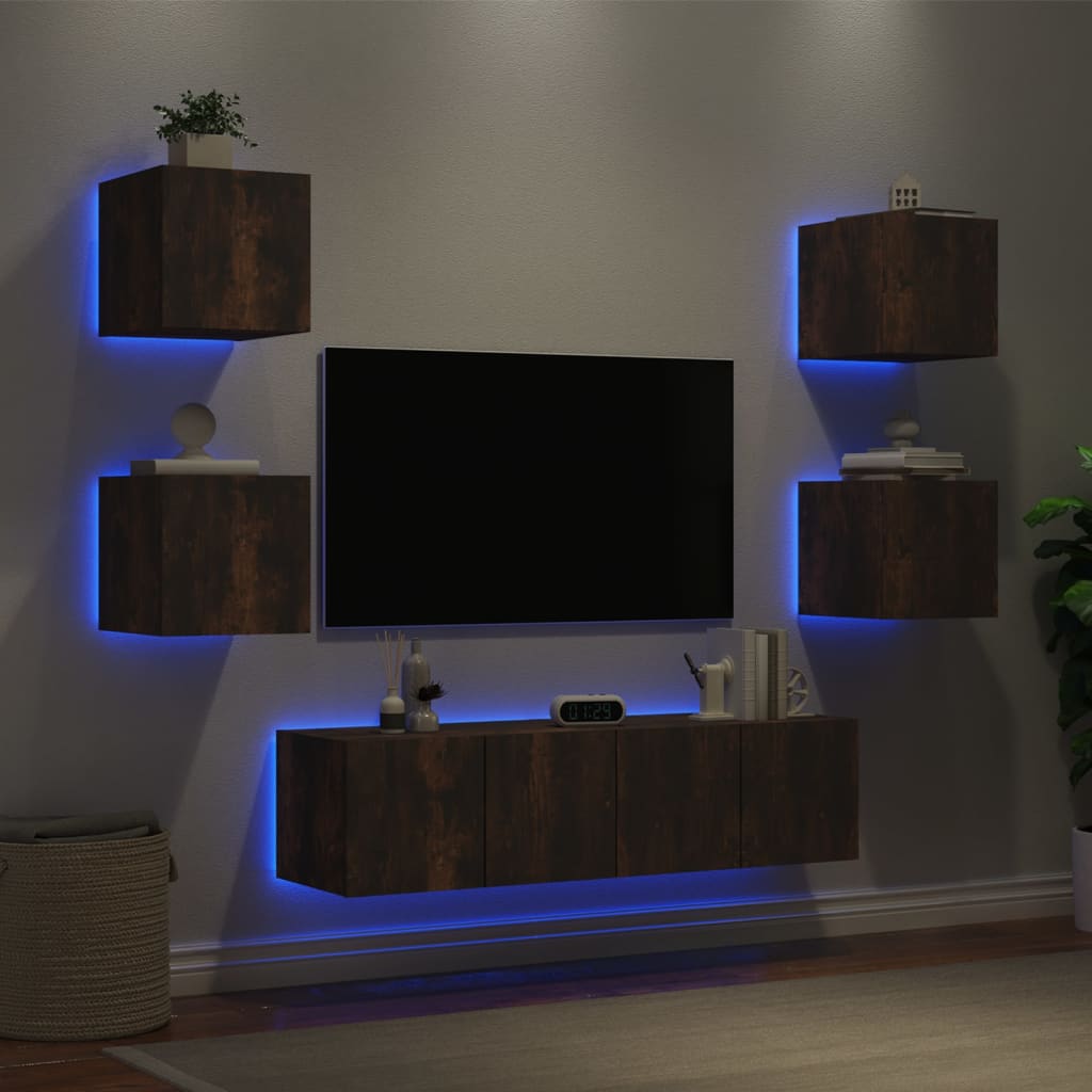 6-Delige Tv-Wandmeubelset Met Led Bewerkt Hout