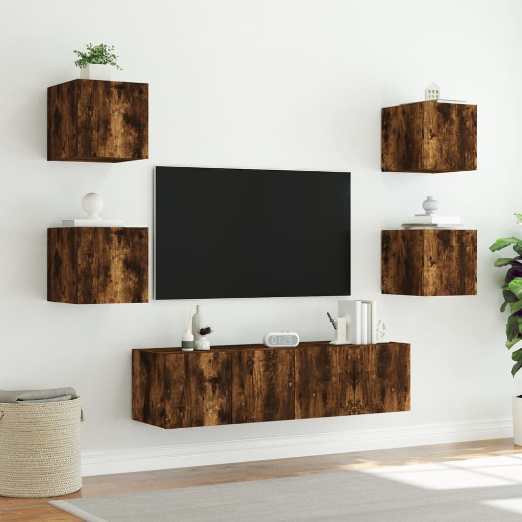 6-Delige Tv-Wandmeubelset Met Led Bewerkt Hout