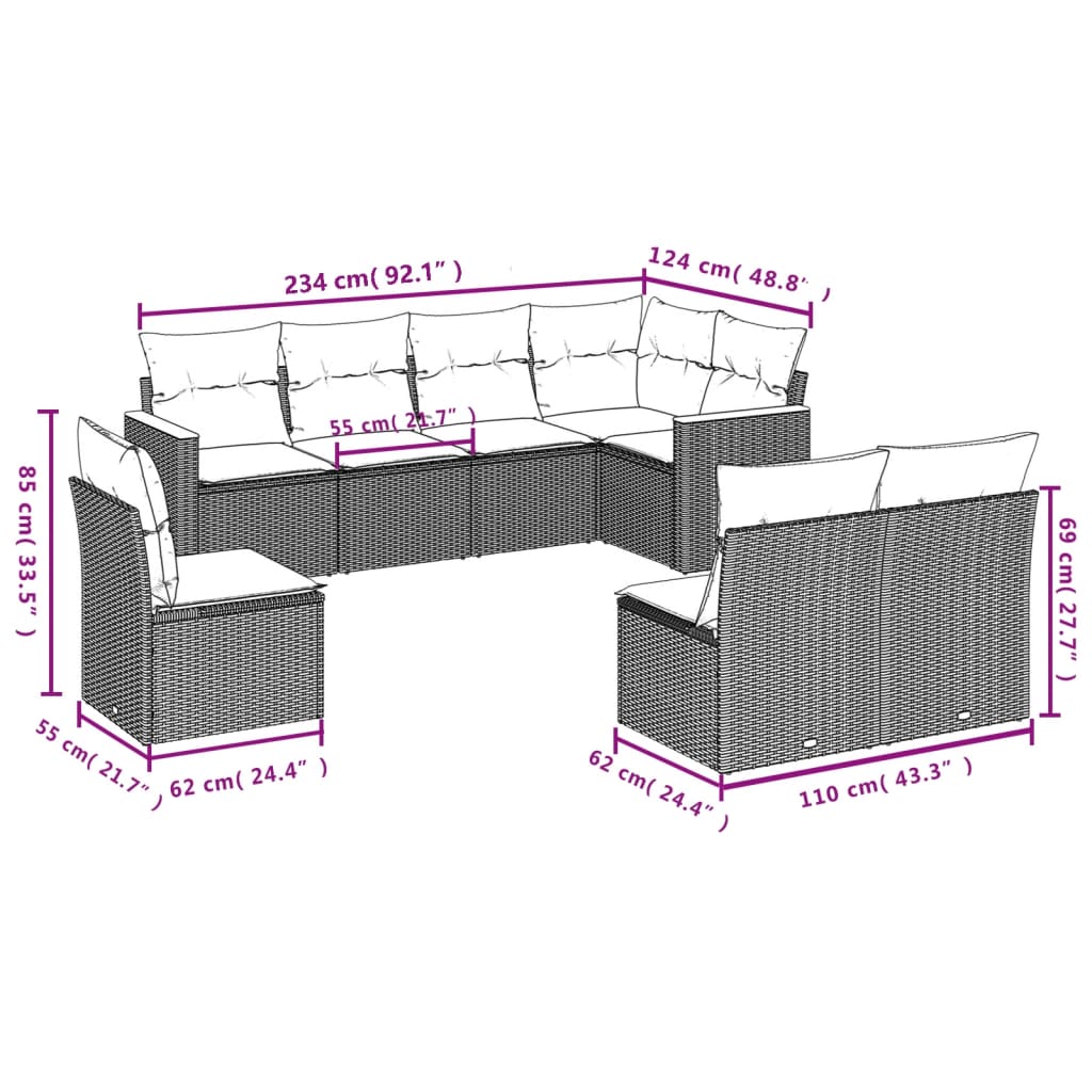 8-Delige Loungeset Met Kussens Poly Rattan Grijs