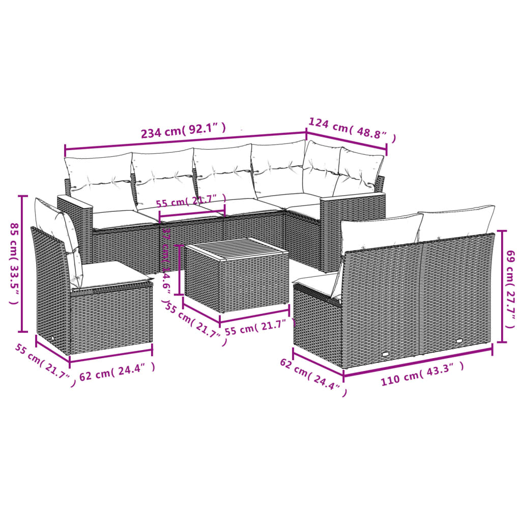 9-Delige Loungeset Met Kussens Poly Rattan Zwart