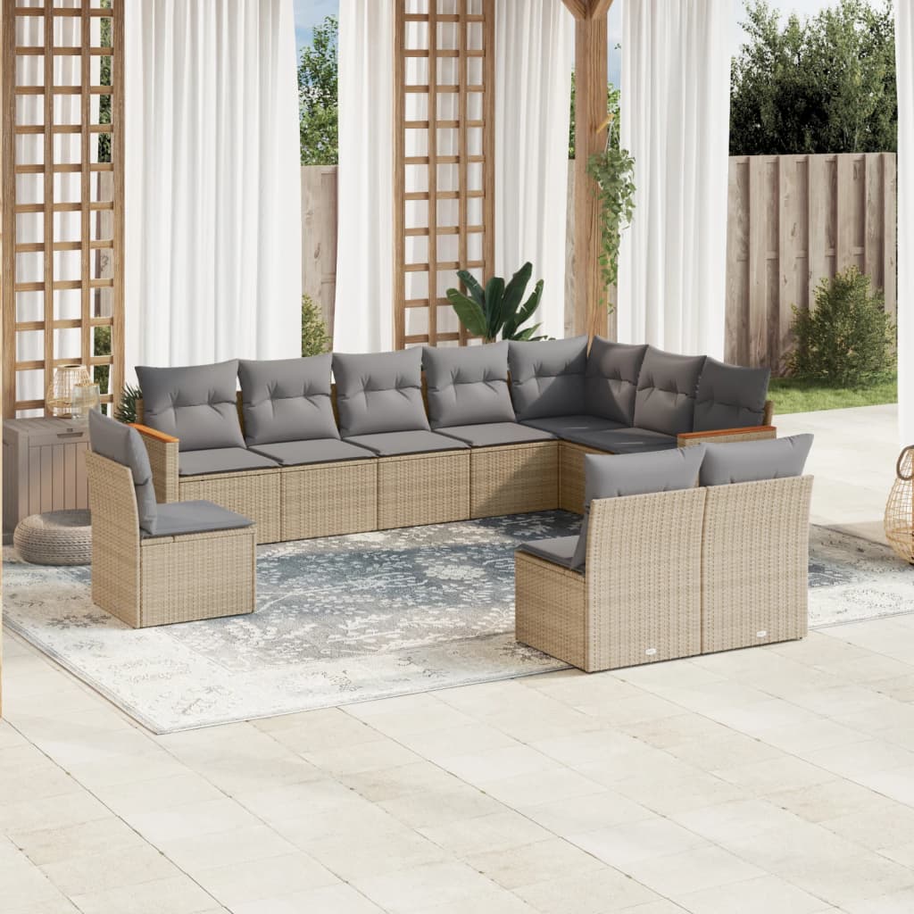 10-Delige Loungeset Met Kussens Poly Rattan Gemengd Beige