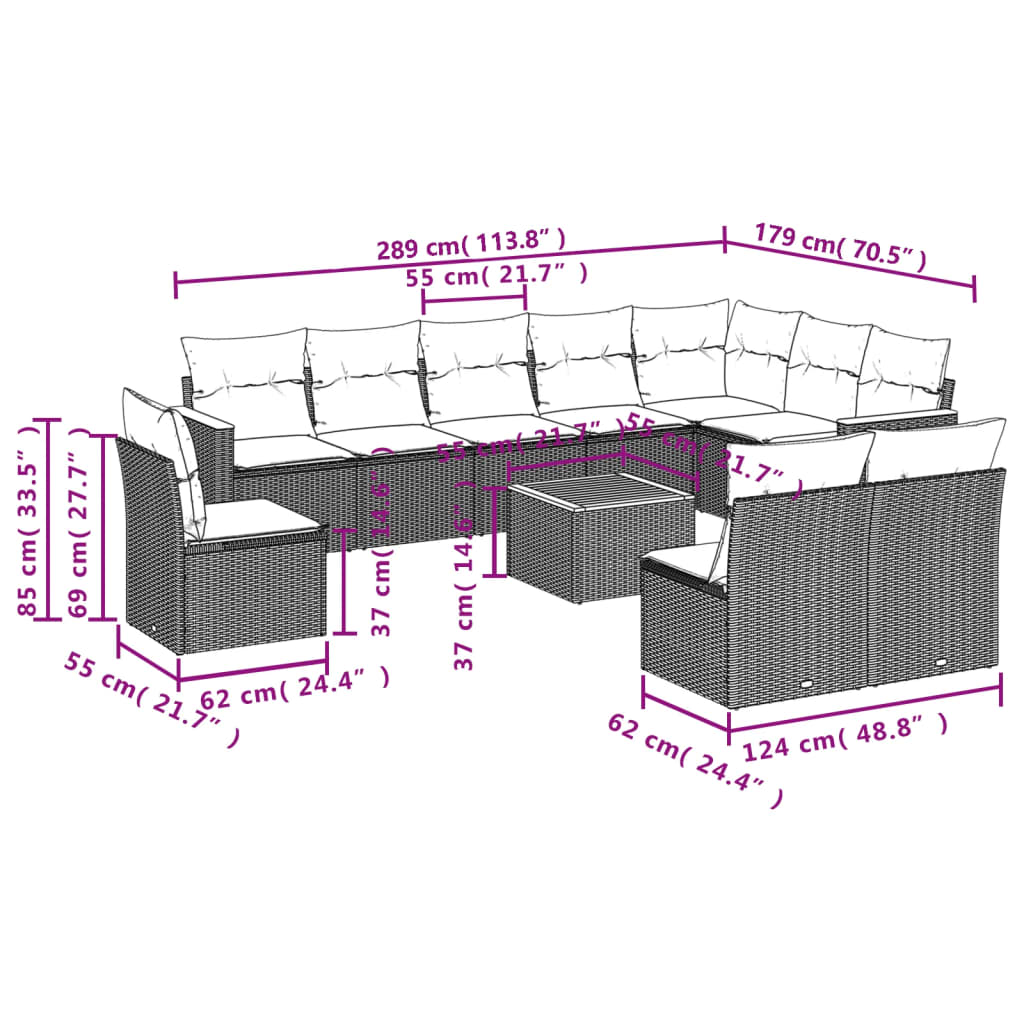 11-Delige Loungeset Met Kussens Poly Rattan Grijs