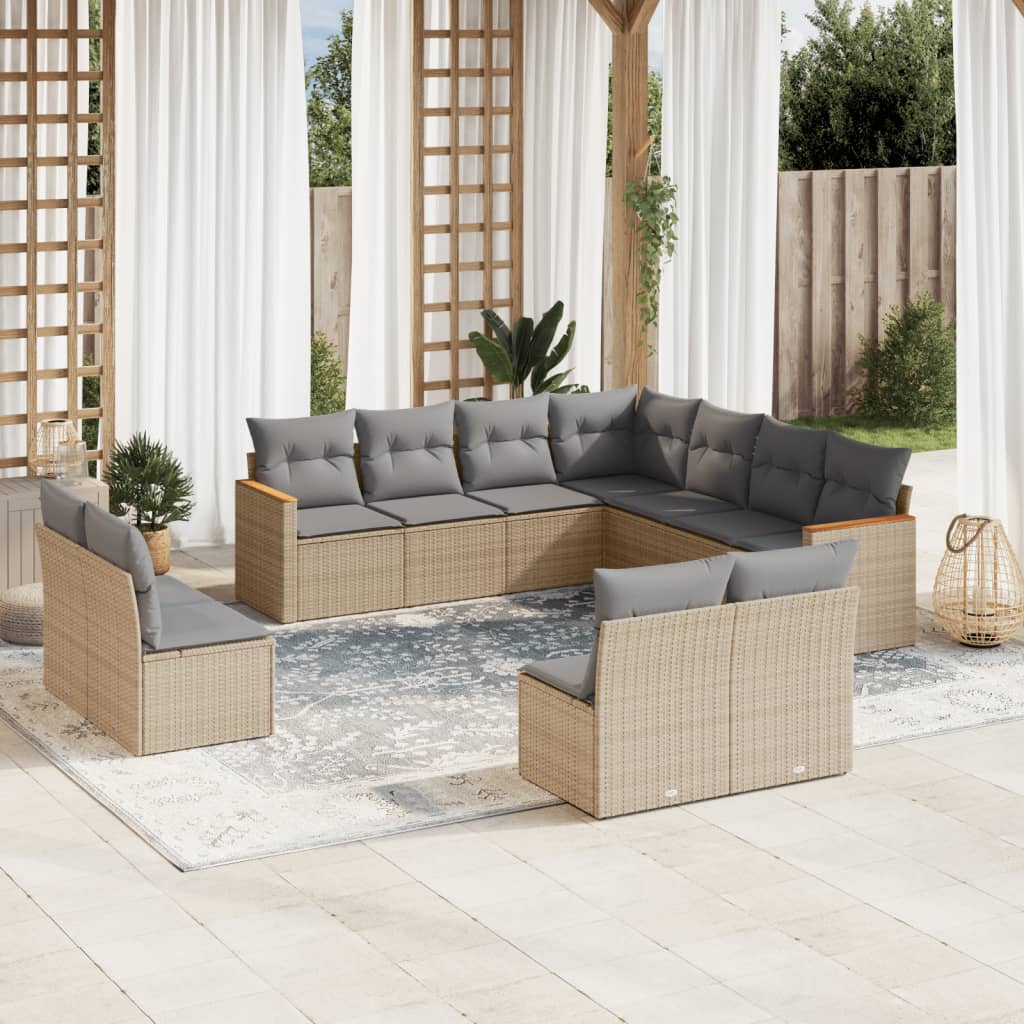 11-Delige Loungeset Met Kussens Poly Rattan Gemengd Beige