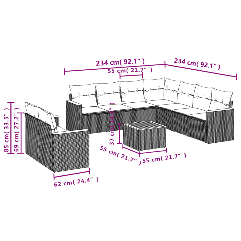 10-Delige Loungeset Met Kussens Poly Rattan Zwart