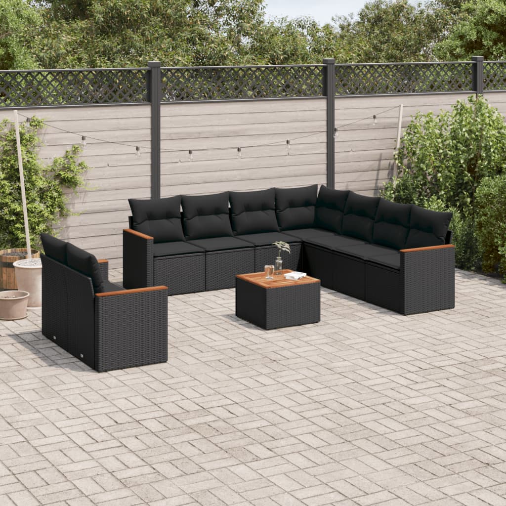 10-Delige Loungeset Met Kussens Poly Rattan Zwart