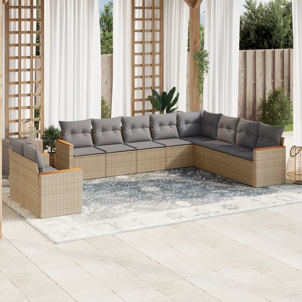 10-Delige Loungeset Met Kussens Poly Rattan Gemengd Beige