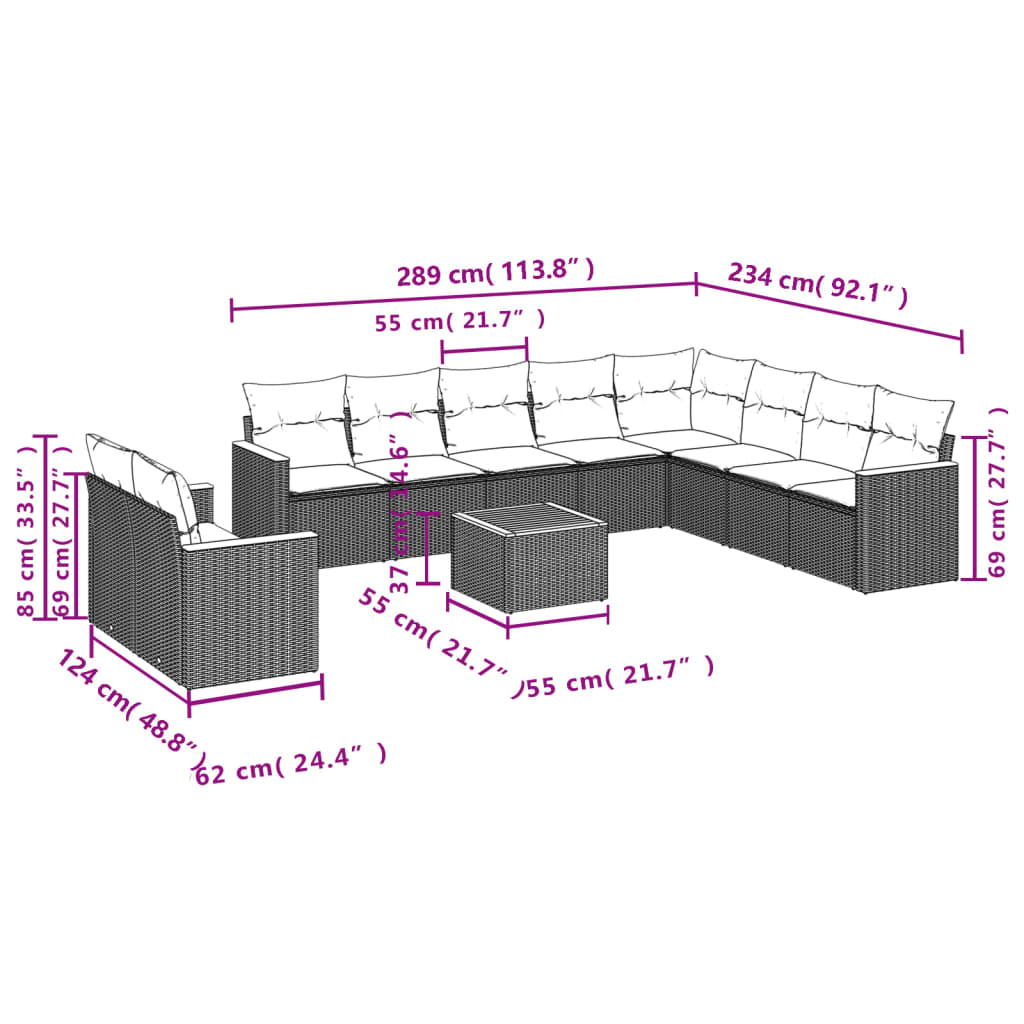 11-Delige Loungeset Met Kussens Poly Rattan Grijs