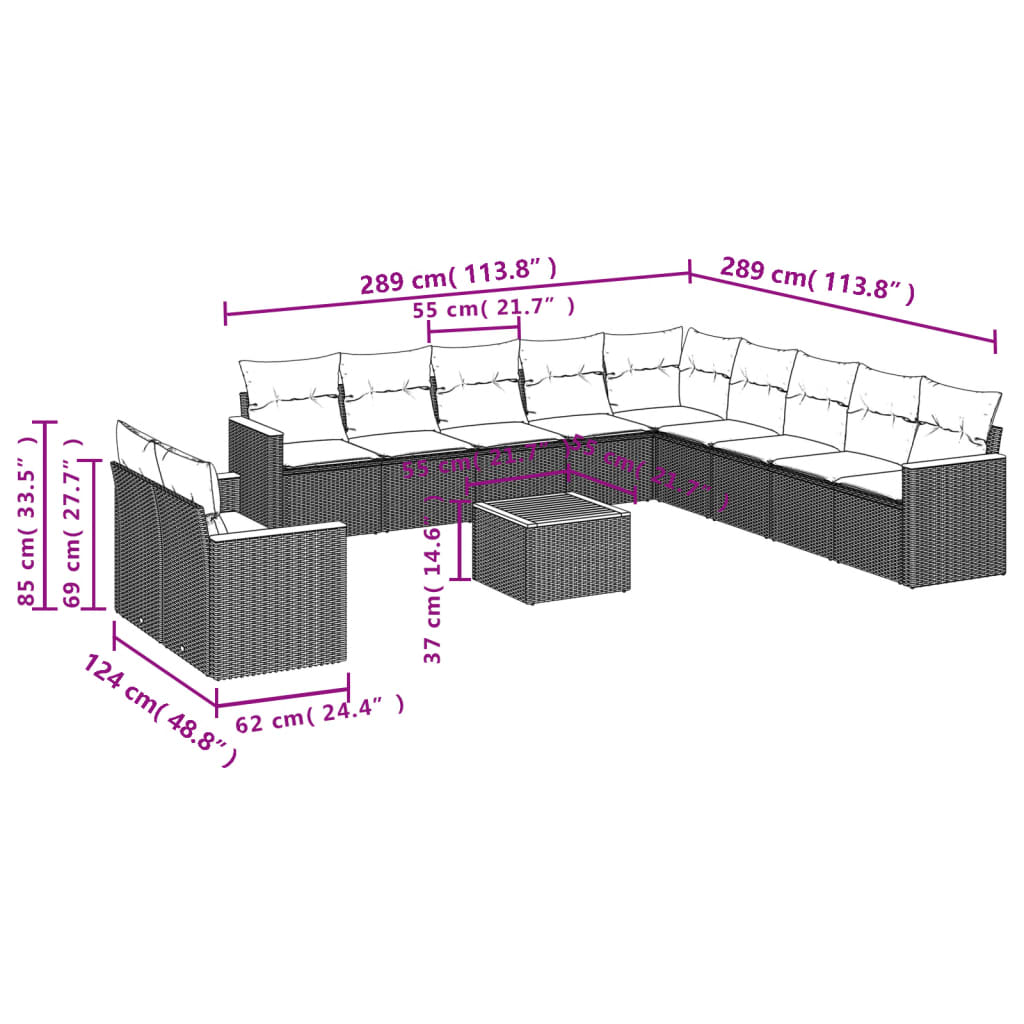 12-Delige Loungeset Met Kussens Poly Rattan Grijs