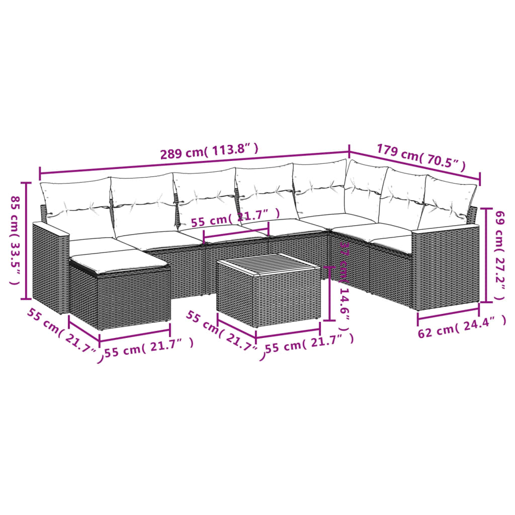 9-Delige Loungeset Met Kussens Poly Rattan Grijs