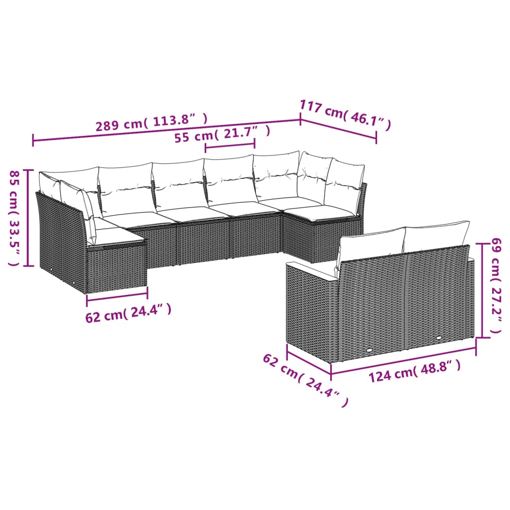 9-Delige Loungeset Met Kussens Poly Rattan Zwart