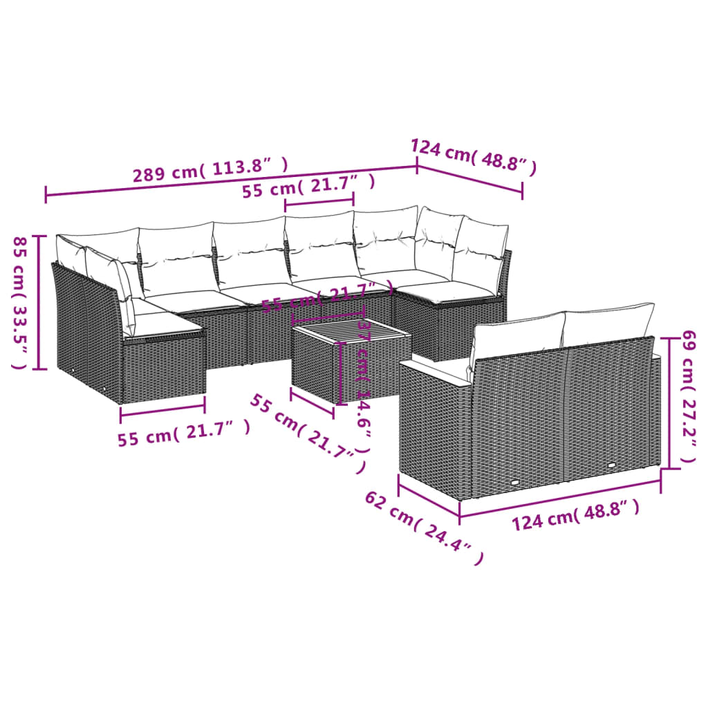 10-Delige Loungeset Met Kussens Poly Rattan Grijs