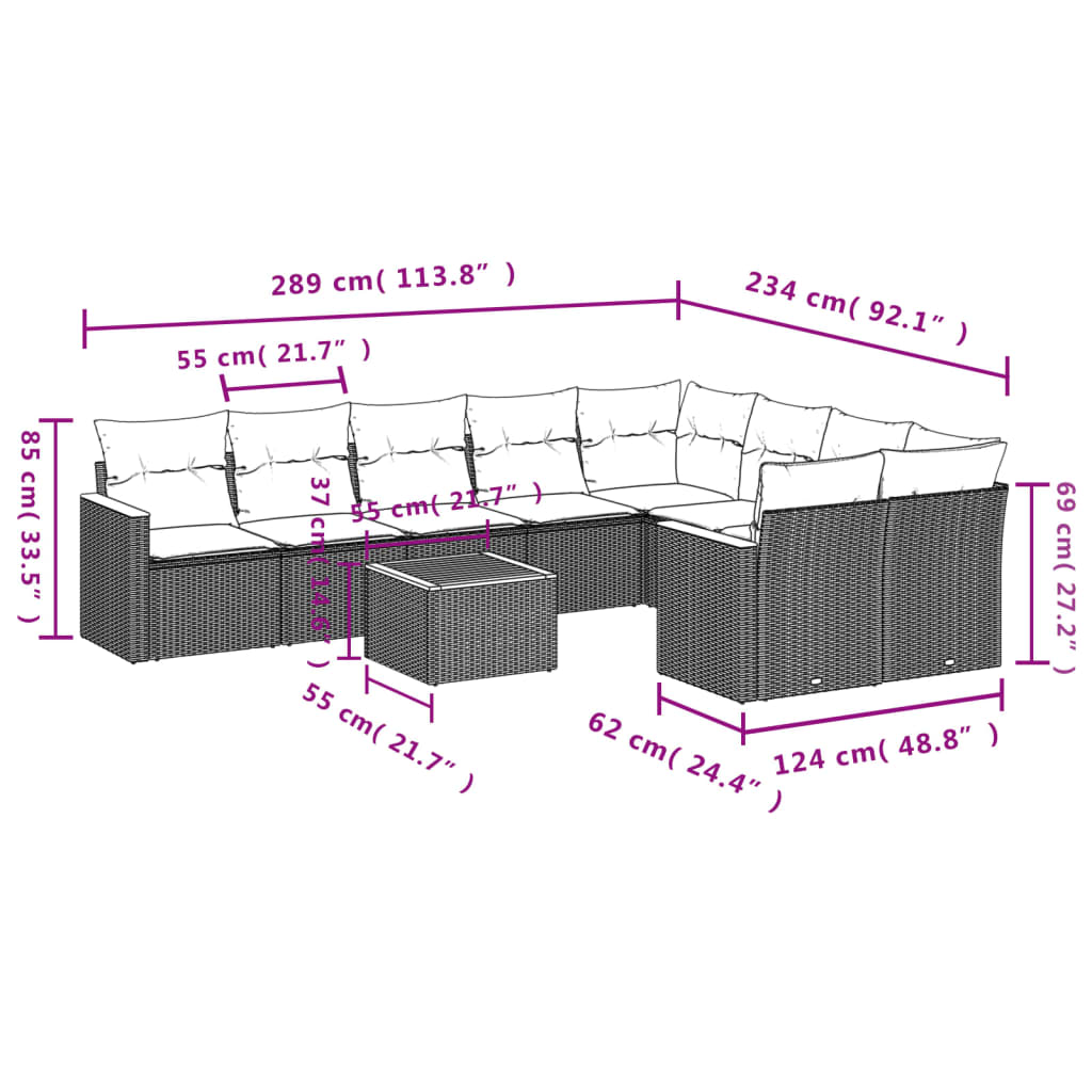 10-Delige Loungeset Met Kussens Poly Rattan Zwart