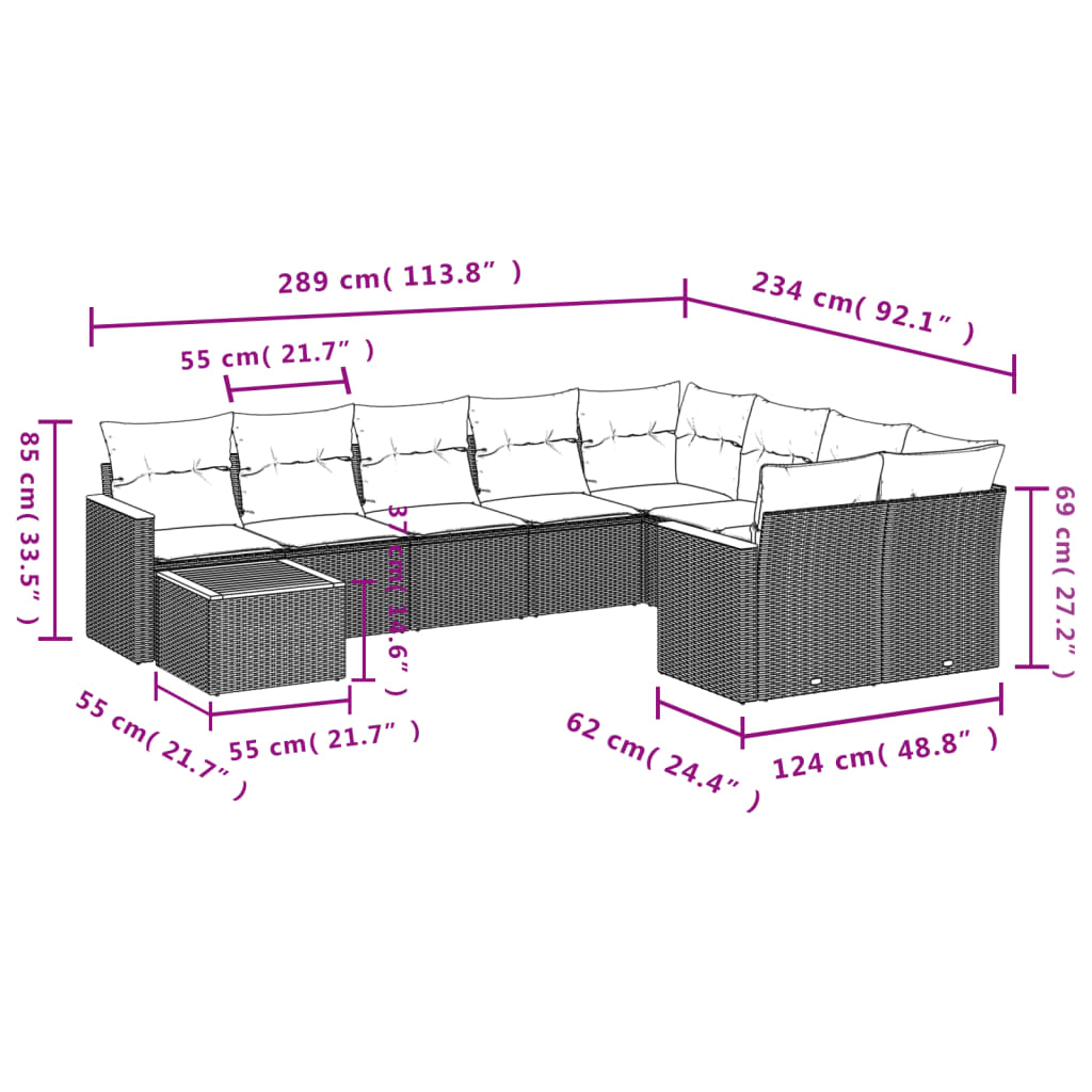 10-Delige Loungeset Met Kussens Poly Rattan Grijs