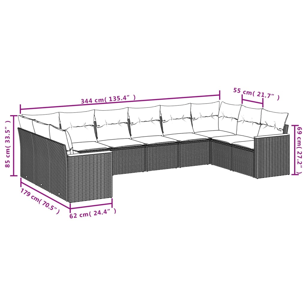 10-Delige Loungeset Met Kussens Poly Rattan Grijs