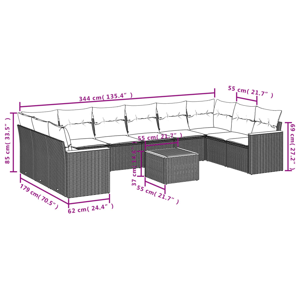 11-Delige Loungeset Met Kussens Poly Rattan Grijs