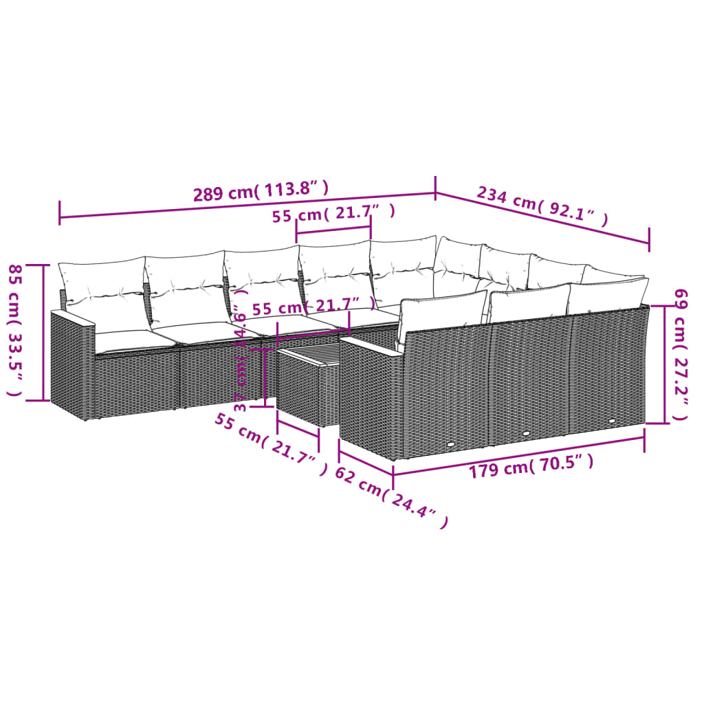 11-Delige Loungeset Met Kussens Poly Rattan Zwart