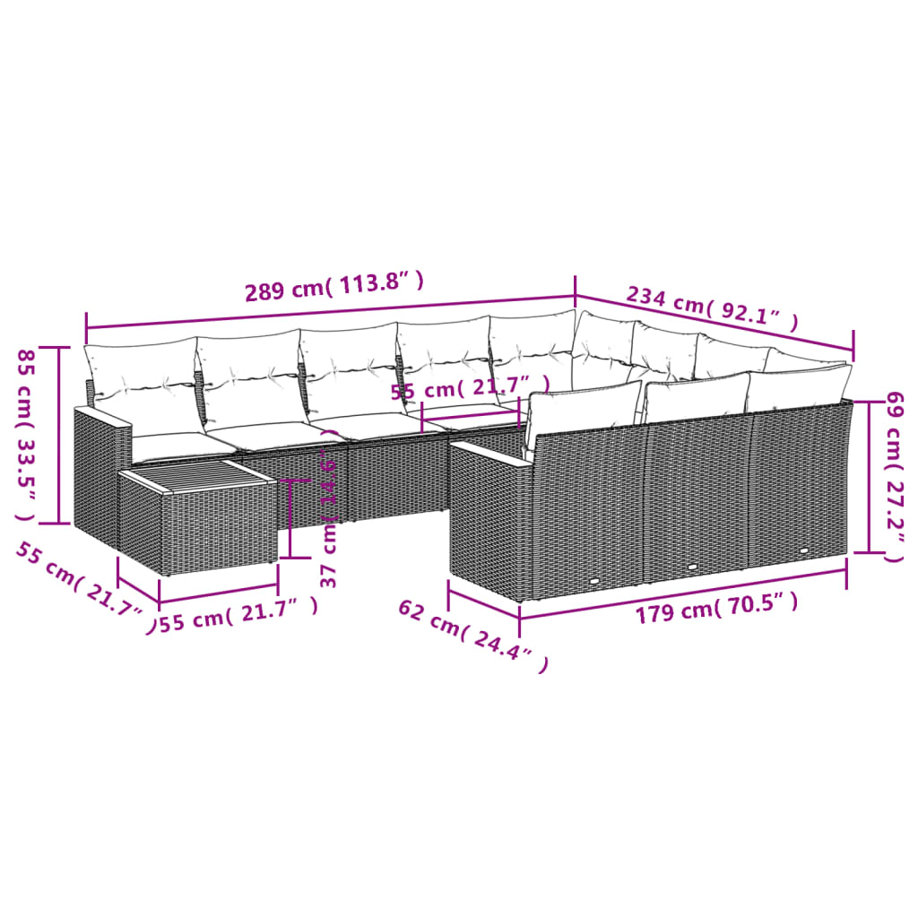 11-Delige Loungeset Met Kussens Poly Rattan Grijs